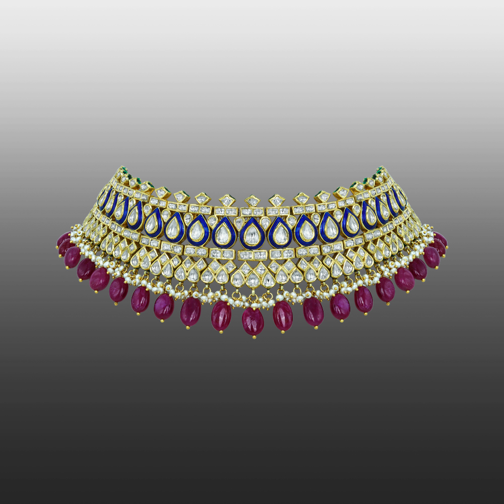 Regal Polki Choker with Blue Enamel and Ruby Tumbles